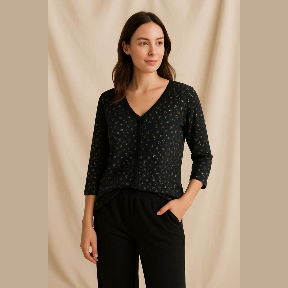 5/$25 Carole Hochman Black Cotton Floral Top L